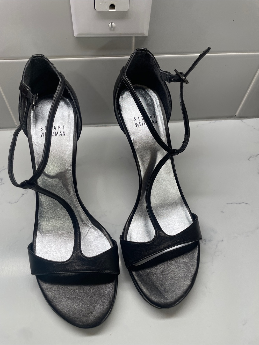 Stuart Weitzman Black Strappy Ankle‑Tie Sandals